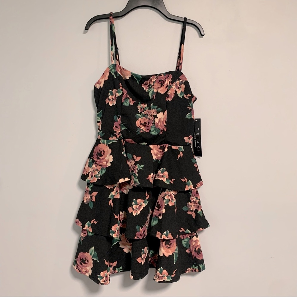 Ruffle floral party dress black and pink floral boho dress